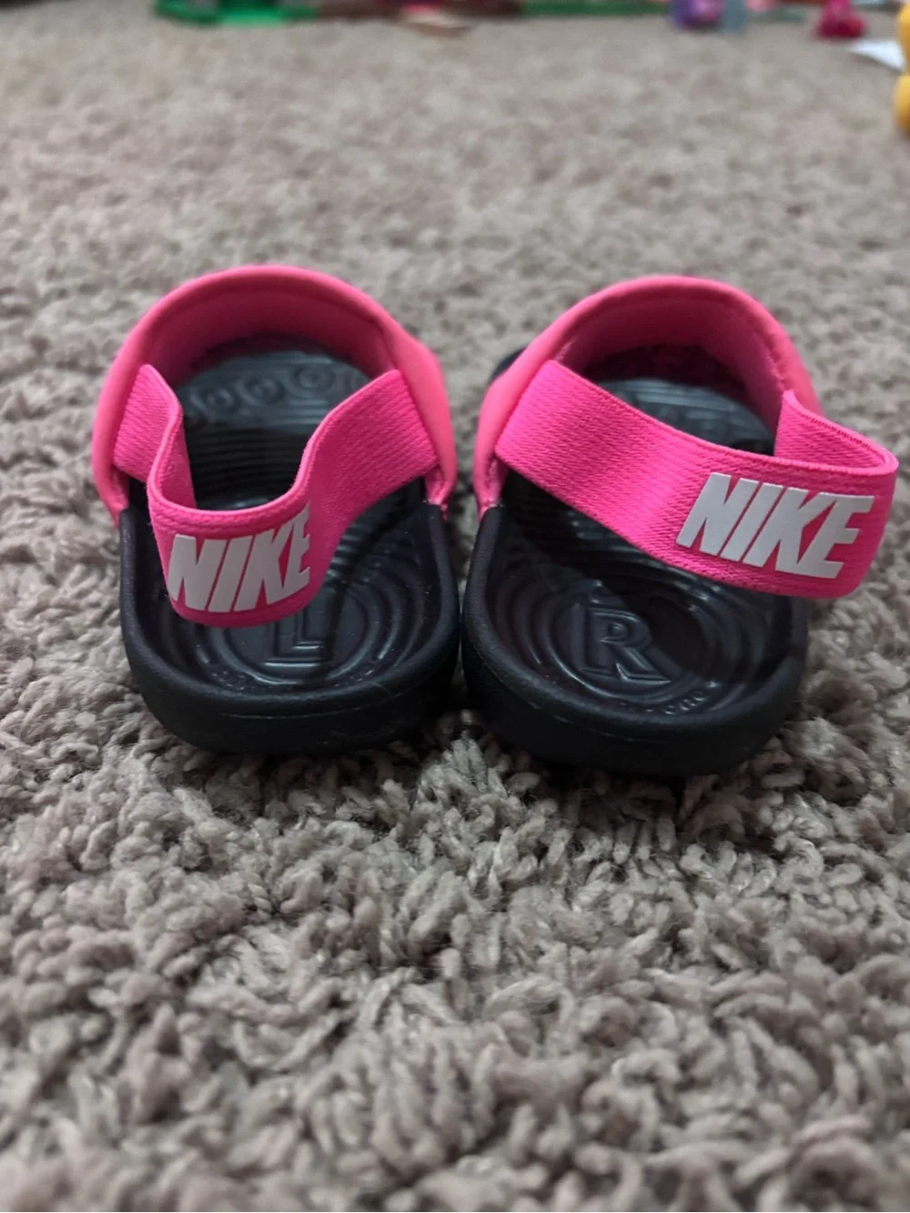 Nike Kids Hot Pink and Black Slide Sandals with White Swoosh